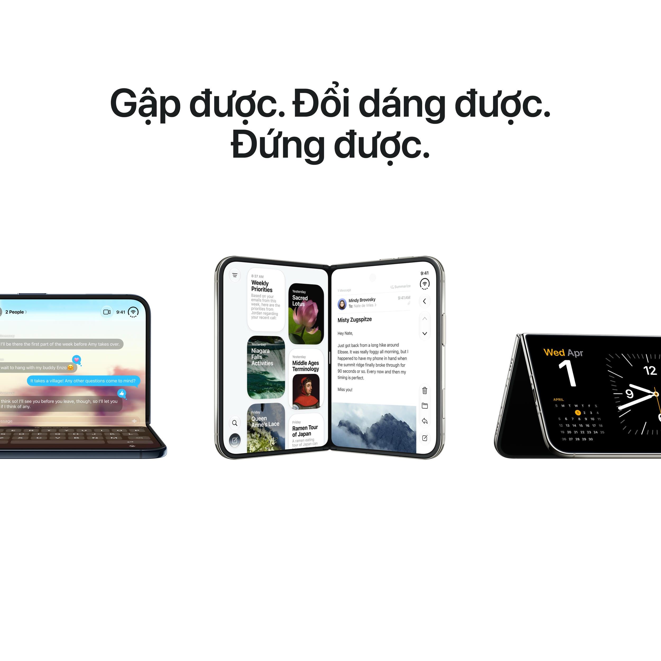 iPhone Duo hỗ trợ nhiều chế độ sử dụng đa năng: gập dạng laptop, mở đứng đa nhiệm v&agrave; chế độ lều StandBy. Ảnh: Apple