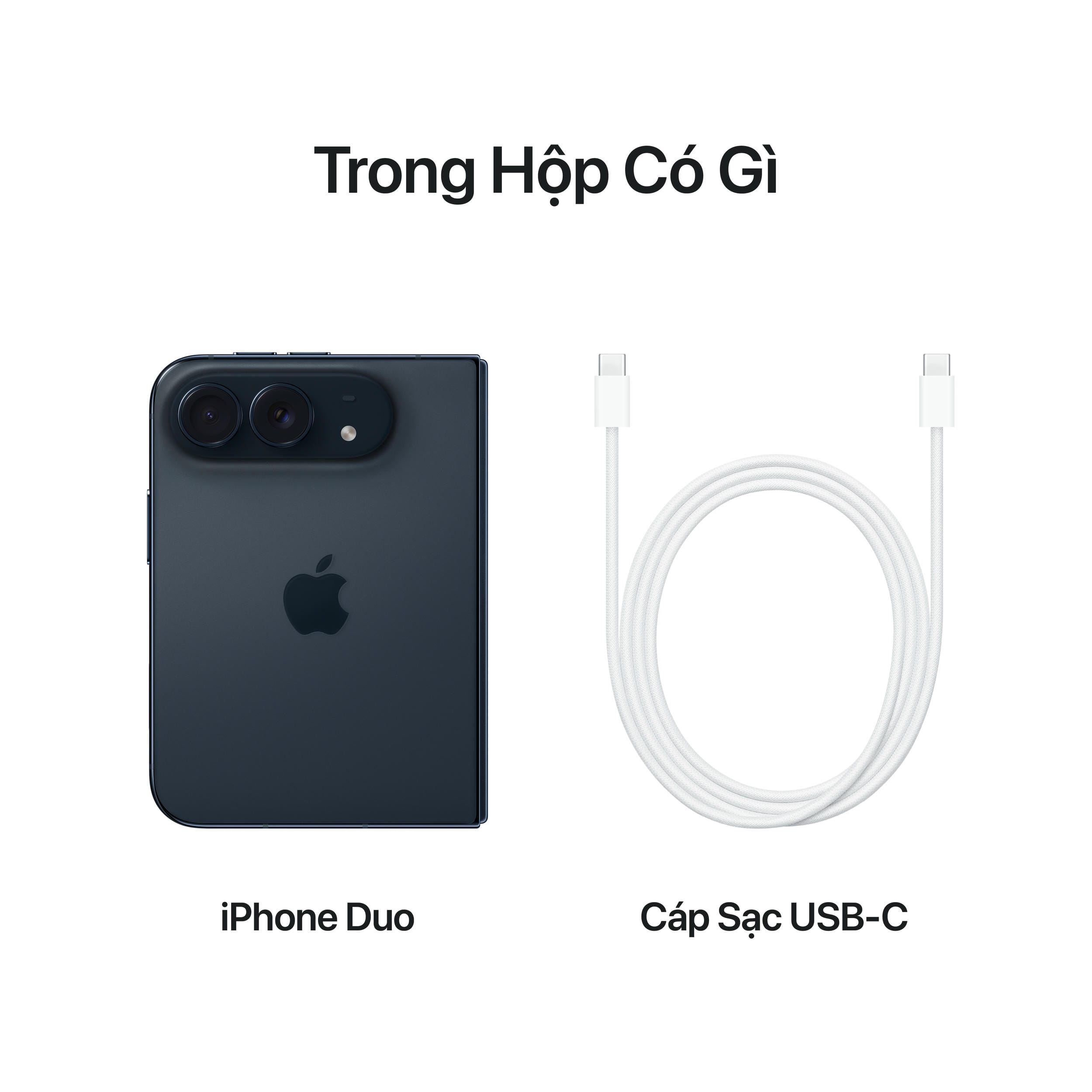 Trọn bộ phụ kiện trong hộp iPhone Duo gồm th&acirc;n m&aacute;y v&agrave; c&aacute;p sạc USB-C bện d&ugrave; cao cấp. Ảnh: Apple