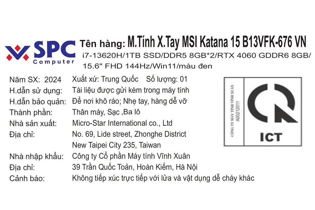 Laptop MSI Gaming Katana 15 B13VFK - 676VN (i7 13620H, 16GB, 1TB, RTX 4060 8GB, Full HD 144Hz, Win11) Màu Đen
