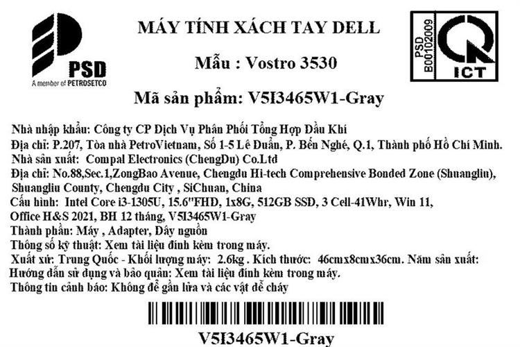 Laptop Dell Vostro 15 3530 i3 1305U/8GB/512GB/120Hz/OfficeHS/Win11 (V5I3465W1) Màu Xám