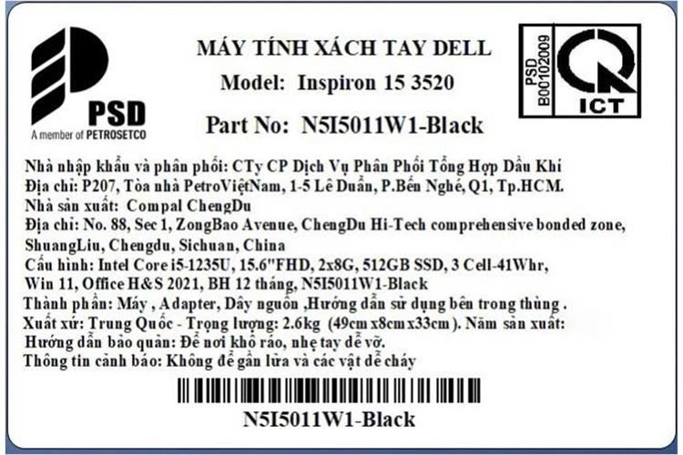 Laptop Dell Inspiron 15 3520 i5 1235U/16GB/512GB/120Hz/OfficeHS/Win11 (N5I5011W1) Màu Đen