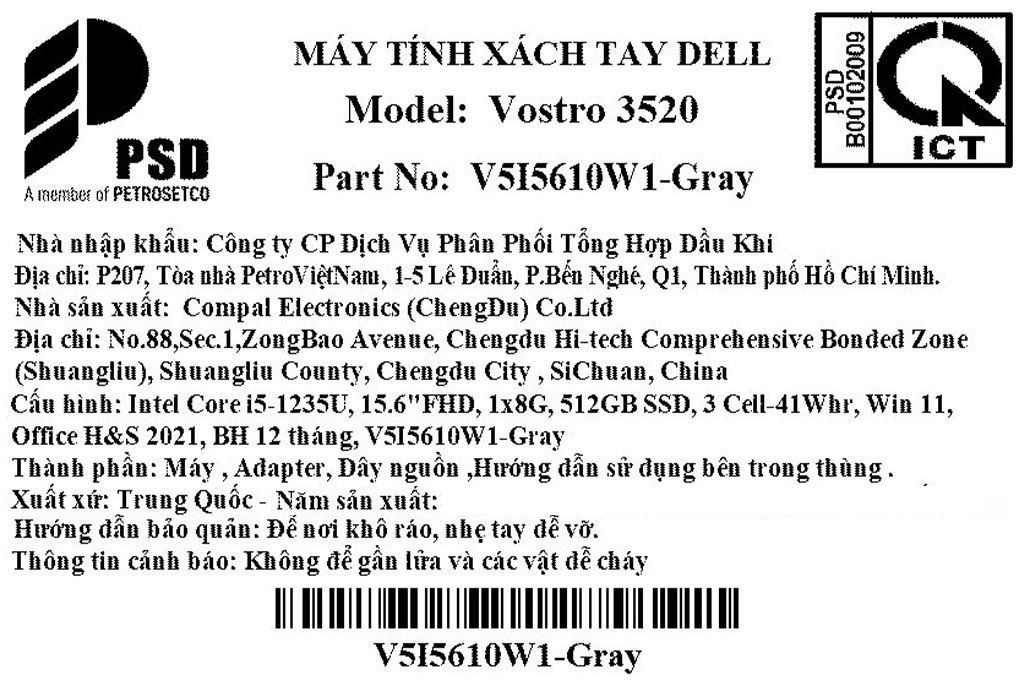 Laptop Dell Vostro 15 3520 i5 1235U/8GB/512GB/120Hz/OfficeHS/KYHD/Win11 (V5I5610W1) Màu Xám