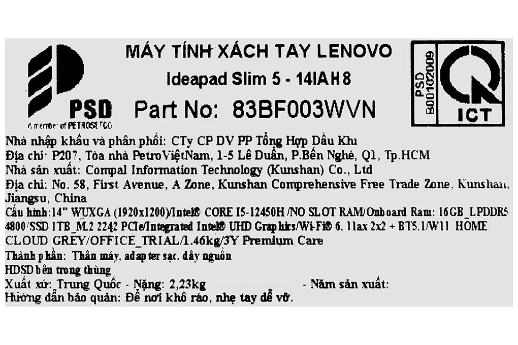 Laptop Lenovo Ideapad 5 14IAH8 - 83BF003WVN (i5 12450H, 16GB, 1TB, WUXGA, Win11) Màu Xám