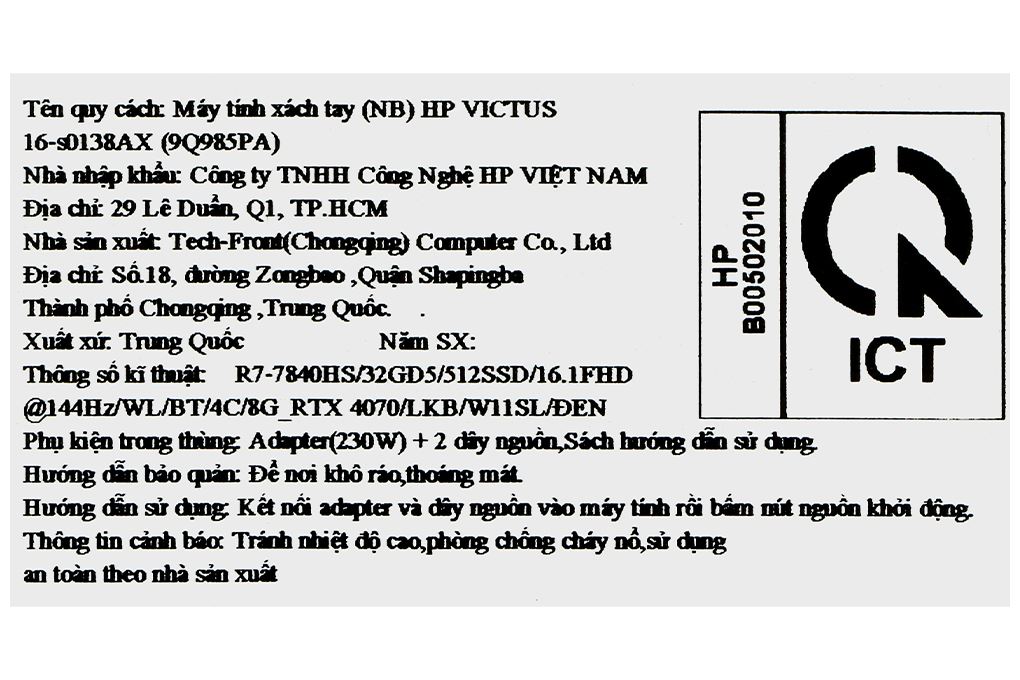 Laptop HP Gaming VICTUS 16 s0138AX R7 7840HS/32GB/512GB/8GB RTX4070/144Hz/Win11 (9Q985PA) Màu Đen