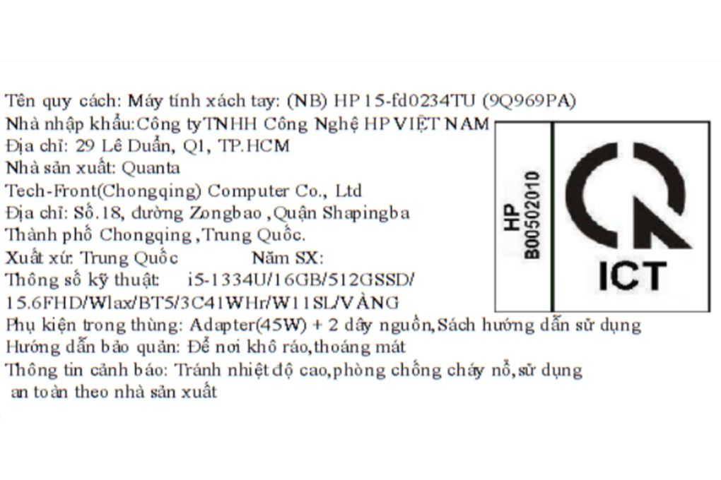 Laptop HP 15 fd0234TU - 9Q969PA (i5 1334U, 16GB, 512GB, Full HD, Win11) Màu Vàng
