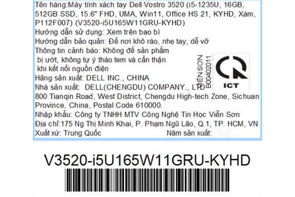 Laptop Dell Vostro 15 3520 - i5U165W11GRU (i5 1235U, 16GB, 512GB, 15.6"F, 120Hz, OfficeHS, KYHD, Win11) - 14