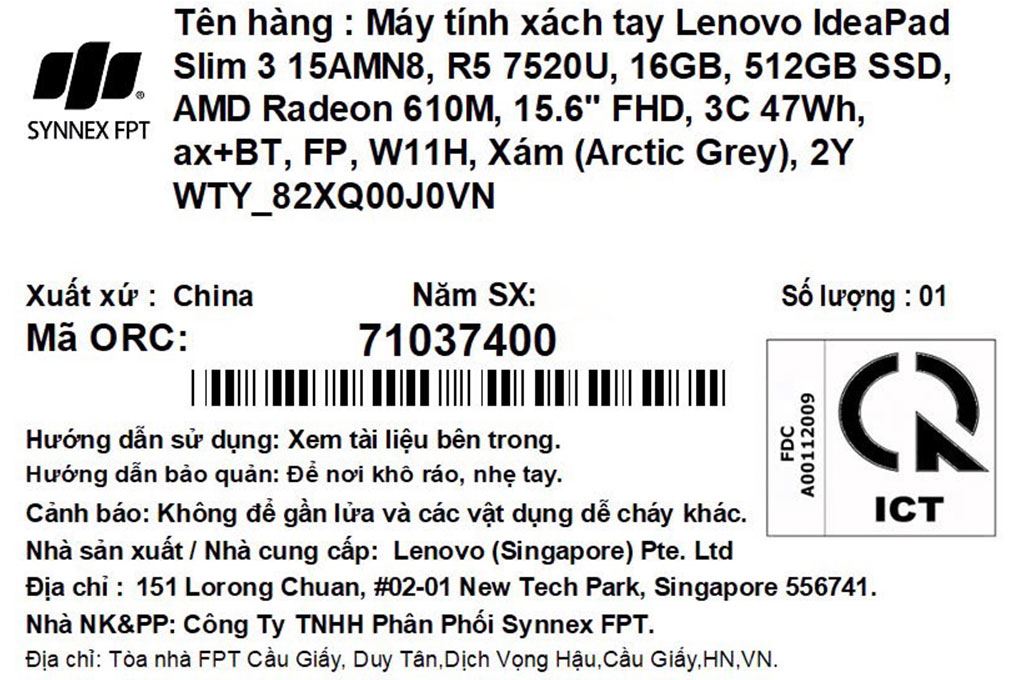 Laptop Lenovo Ideapad Slim 3 15AMN8 - 82XQ00J0VN (R5 7520U, 16GB, 512GB, Full HD, Win11) - 14