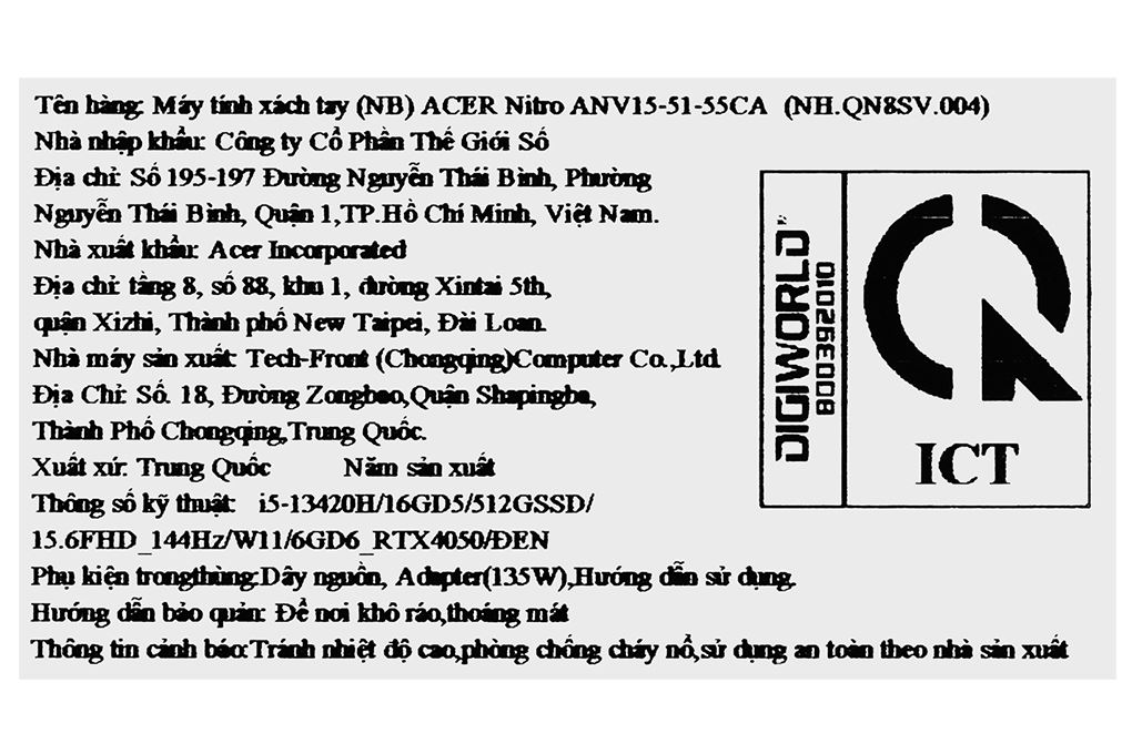 Laptop Acer Gaming Nitro V ANV15 51 55CA - NH.QN8SV.004 (i5 13420H, 16GB, 512GB, RTX 4050 6GB, Full HD 144Hz, Win11) Màu Đen