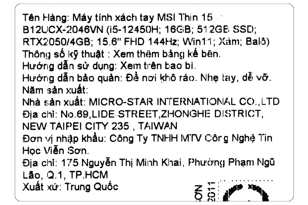 Laptop MSI Gaming Thin 15 B12UCX - 2046VN (i5 12450H, 16GB, 512GB, RTX 2050 4GB, Full HD 144Hz, Win11) Màu Xám