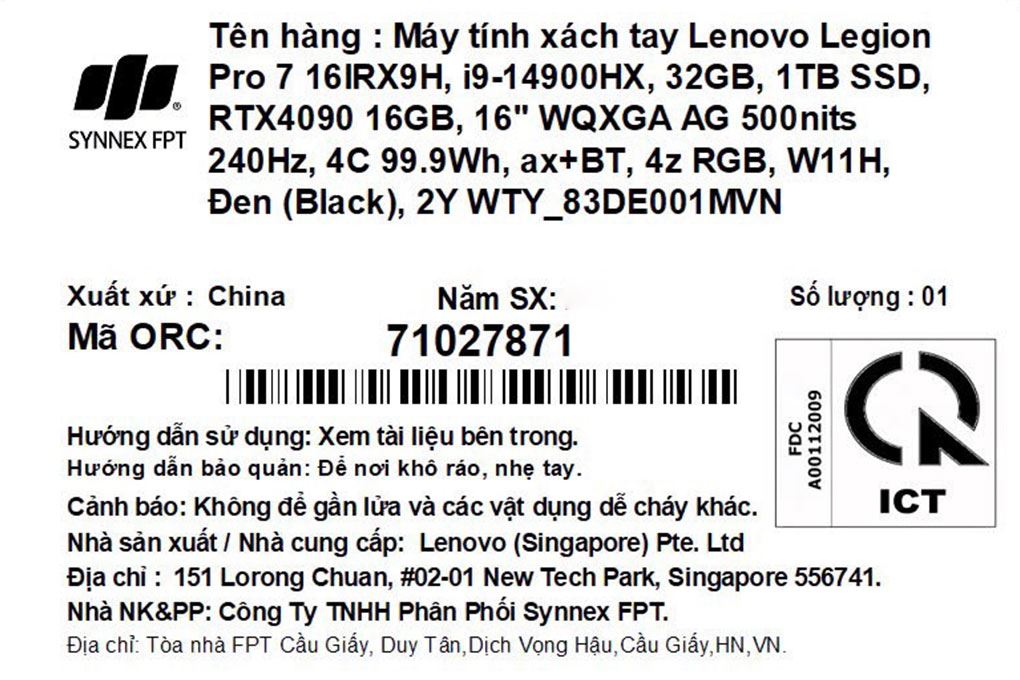 Laptop Lenovo Gaming Legion Pro 7 16IRX9H i9 14900HX/32GB/1TB/16GB RTX4090/240Hz/Win11 (83DE001MVN) - 14