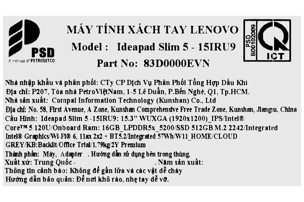 Laptop Lenovo Ideapad Slim 5 15IRU9 - 83D0000EVN (Core 5 120U, 16GB, 512GB, WUXGA, Win11) Màu Xám