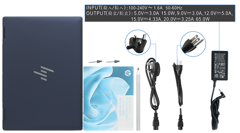 Bộ sản phẩm gồm: Bút cảm ứng, Sách hướng dẫn, Sạc Laptop HP ( 65W ), Thùng máy