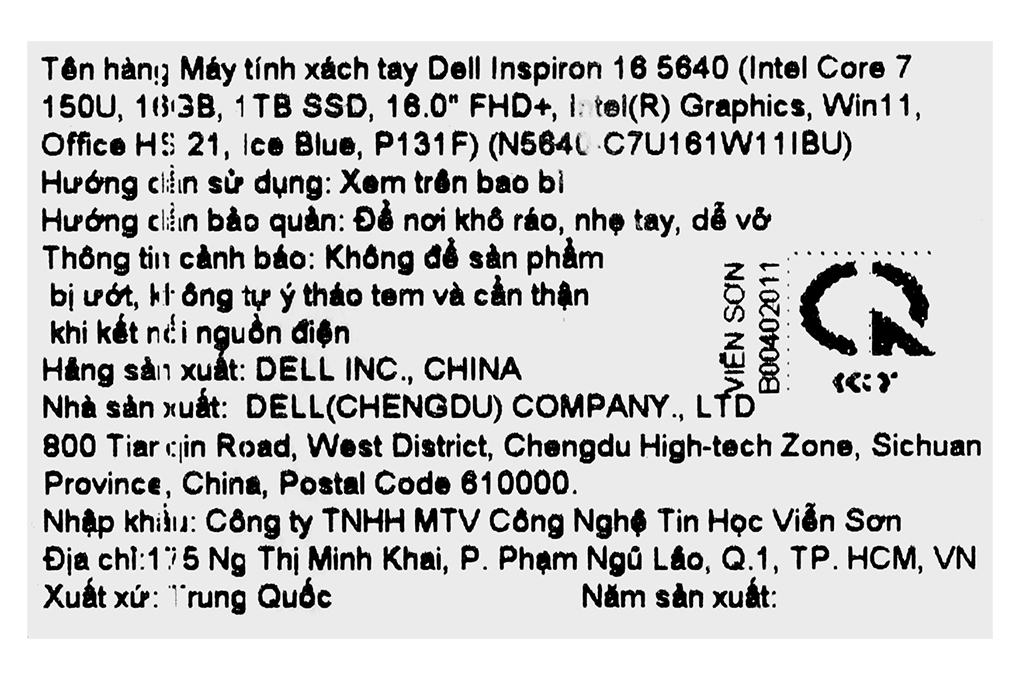 Laptop Dell Inspiron 16 5640 - N5640-C7U161W11IBU (Core 7 150U, 16GB, 1TB, Full HD+, OfficeHS, Win11) - 17