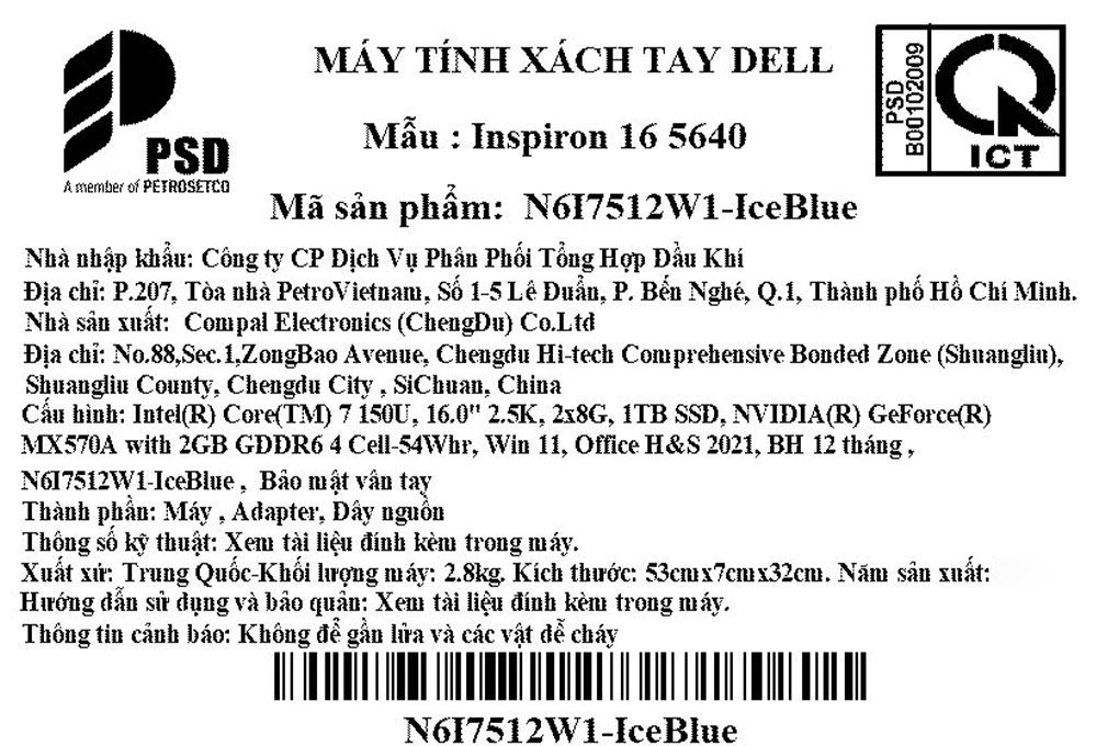 Laptop Dell Inspiron 16 5640 - N6I7512W1 (Core 7 150U, 16GB, 1TB, MX570A 2GB, 2.5K 120Hz, OfficeHS, Win11) Màu Xanh Dương