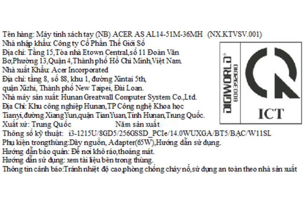 Laptop Acer Aspire Lite 14 51M 36MH - NX.KTVSV.001 (i3 1215U, 8GB, 256GB, Full HD+, Win11) Màu Bạc