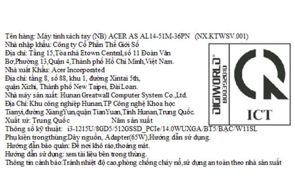 Laptop Acer Aspire Lite 14 51M 36PN - NX.KTWSV.001 (i3 1215U, 8GB, 512GB, Full HD+, Win11) Màu Bạc