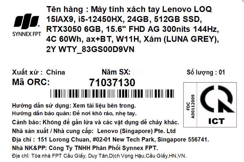 Laptop Lenovo Gaming LOQ 15IAX9 - 83GS00D9VN (i5 12450HX, 24GB, 512GB, RTX 3050 6GB, Full HD 144Hz, Win11) Màu Xám
