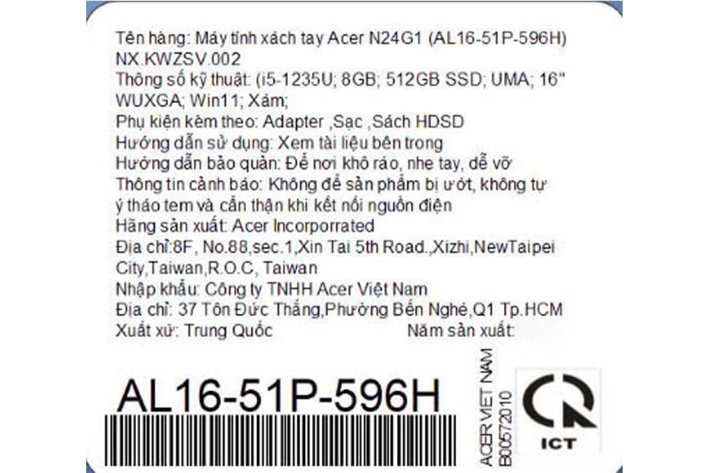 Laptop Acer Aspire Lite AL16 51P 596H - NX.KWZSV.002 (i5 1235U, 8GB, 512GB, WUXGA, Win11) - 17