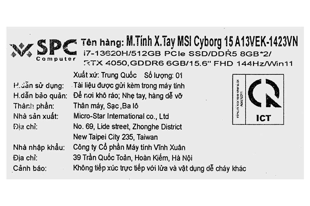 Laptop MSI Gaming Cyborg 15 A13VEK - 1423VN (i7 13620H, 16GB, 512GB, RTX 4050 6GB, Full HD 144Hz, Win11) Màu Đen