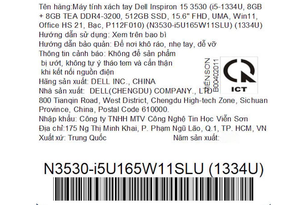 Laptop Dell Inspiron 15 3530 - N3530-i5U165W11SLU (i5 1334U, 16GB, 512GB, Full HD 120Hz, OfficeHS, Win11) - 13