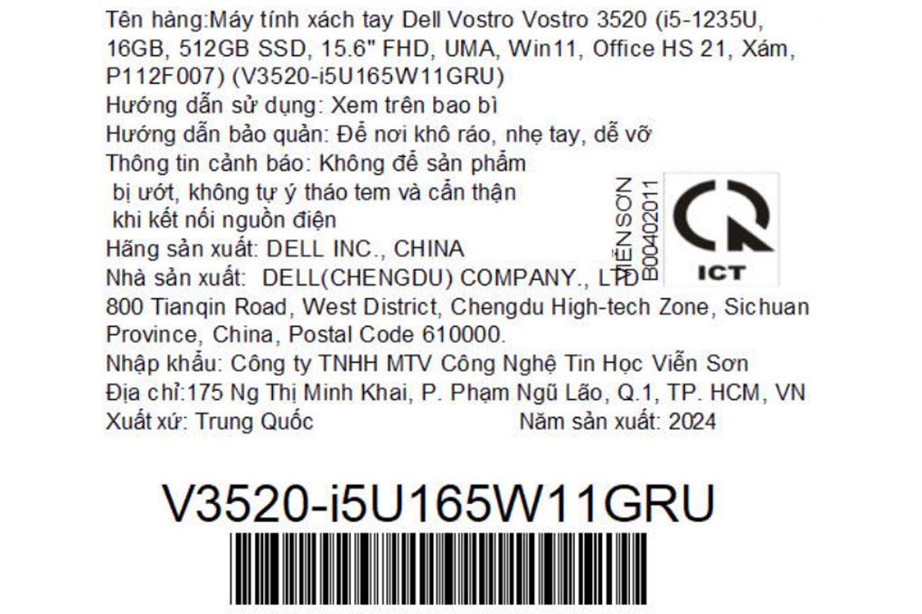 Laptop Dell Vostro 15 3520 - V3520-i5U165W11GRU (i5 1235U, 16GB, 512GB, 15.6"F, 120Hz, OfficeHS, Win11) Màu Xám