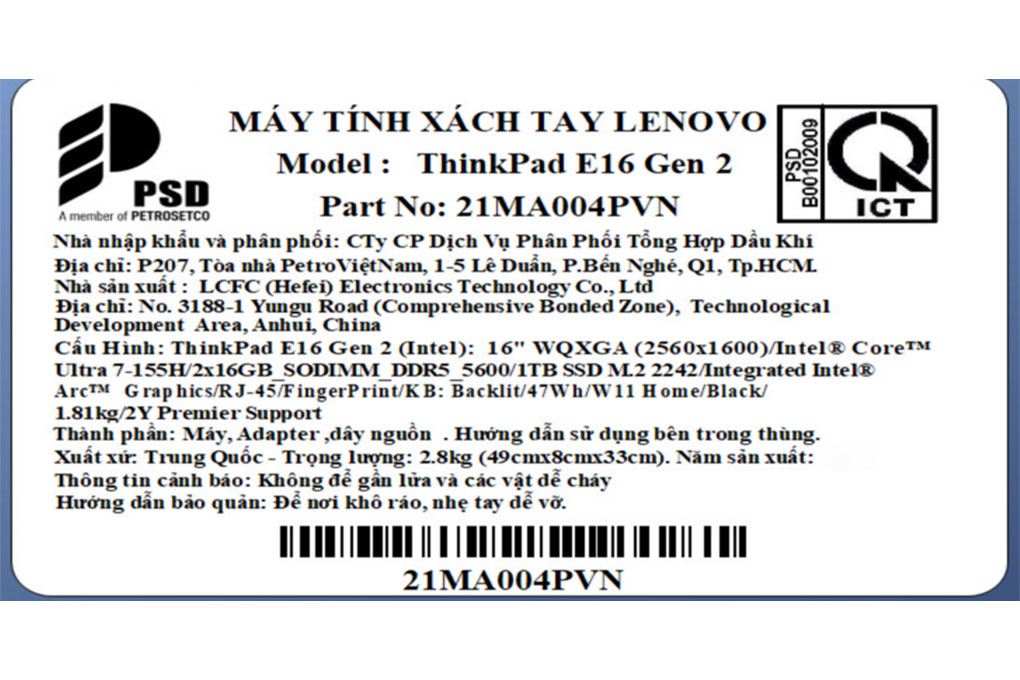Laptop Lenovo ThinkPad E16 Ultra 7 155H/32GB/1TB/Win11 (21MA004PVN) Màu Đen