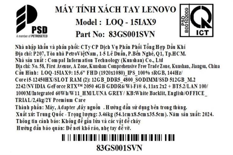 Laptop Lenovo LOQ 15IAX9 i5 12450HX/12GB/512GB/4GB RTX 2050/144Hz/Win11 (83GS001SVN) Màu Xám