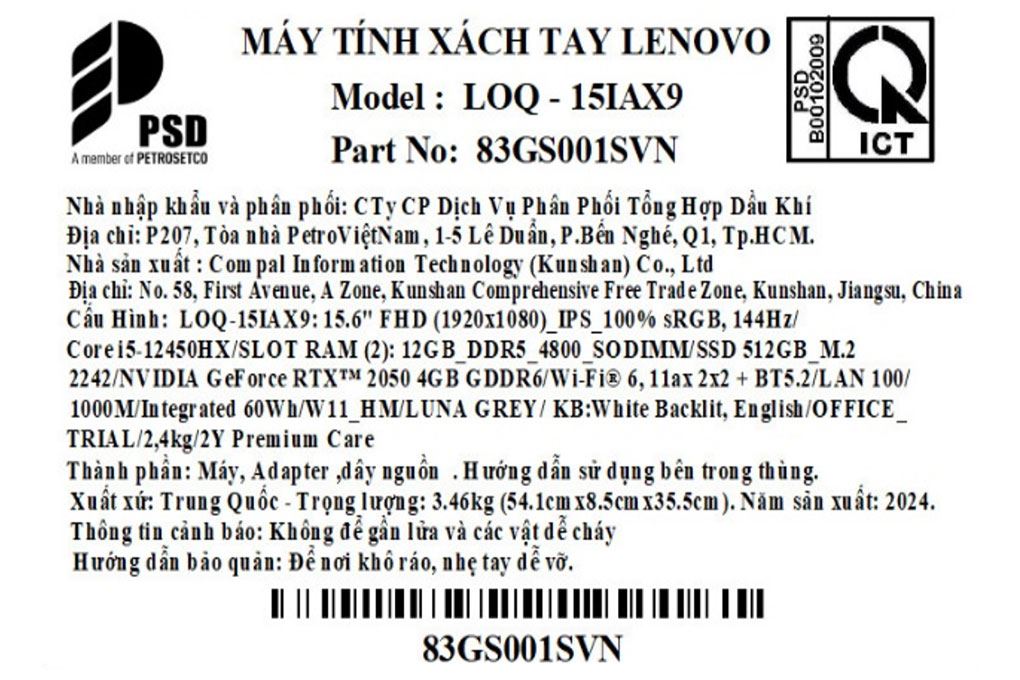 Laptop Lenovo LOQ 15IAX9 i5 12450HX/12GB/512GB/4GB RTX 2050/144Hz/Win11 (83GS001SVN) - 17
