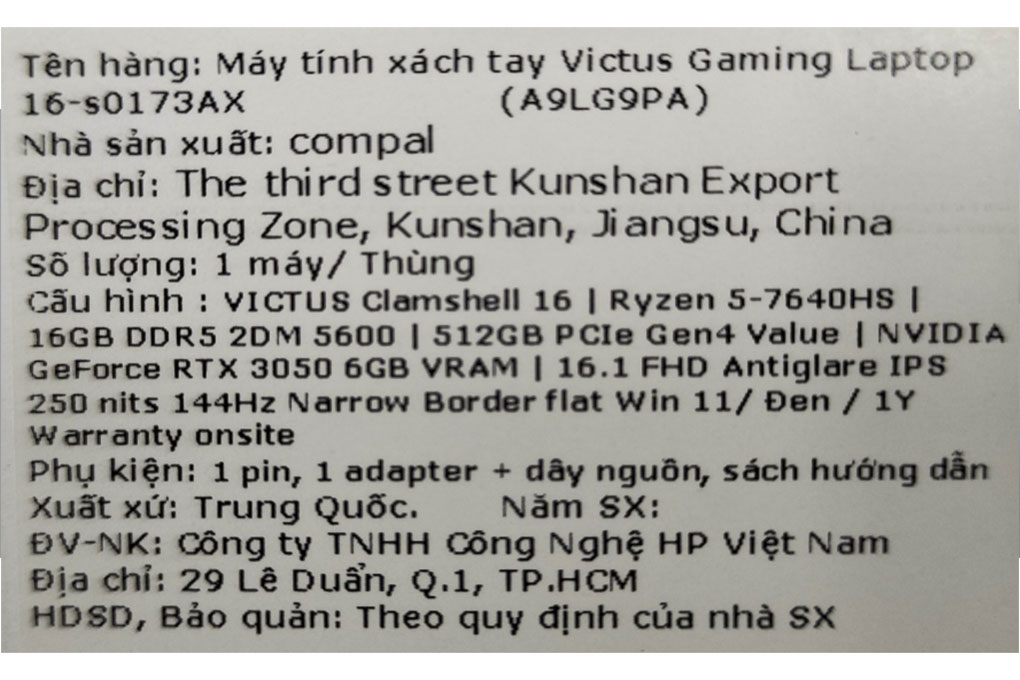 Laptop HP Gaming VICTUS 16 s0173AX - A9LG9PA (R5 7640HS, 16GB, 512GB, RTX 3050 6GB, Full HD 144Hz, Win11) Màu Đen