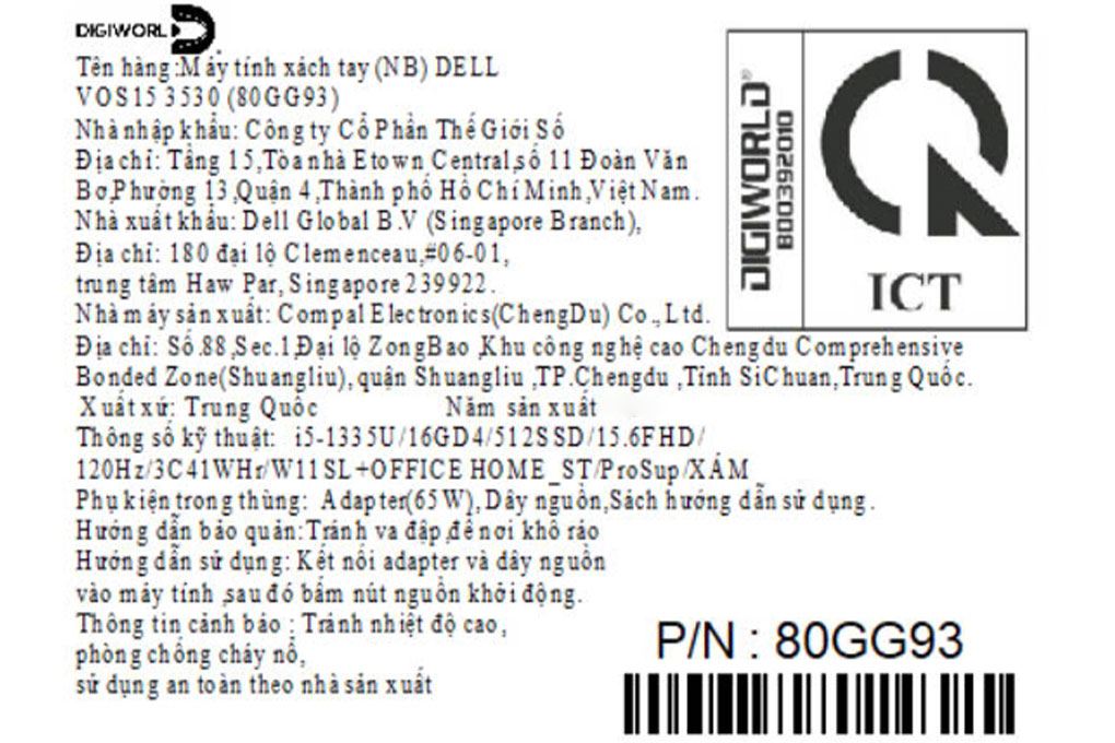 Laptop Dell Vostro 3530 - 80GG93 (i5 1335U, 16GB, 512GB, 15.6"F, 120Hz, OfficeHS, Win11) - 16