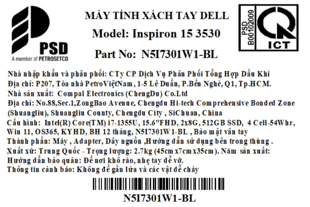 Laptop Dell Inspiron 15 3530 - N5I7301W1 (i7 1355U, 16GB, 512GB, Full HD 120Hz, Office365, KYHD, Win11) Màu Đen