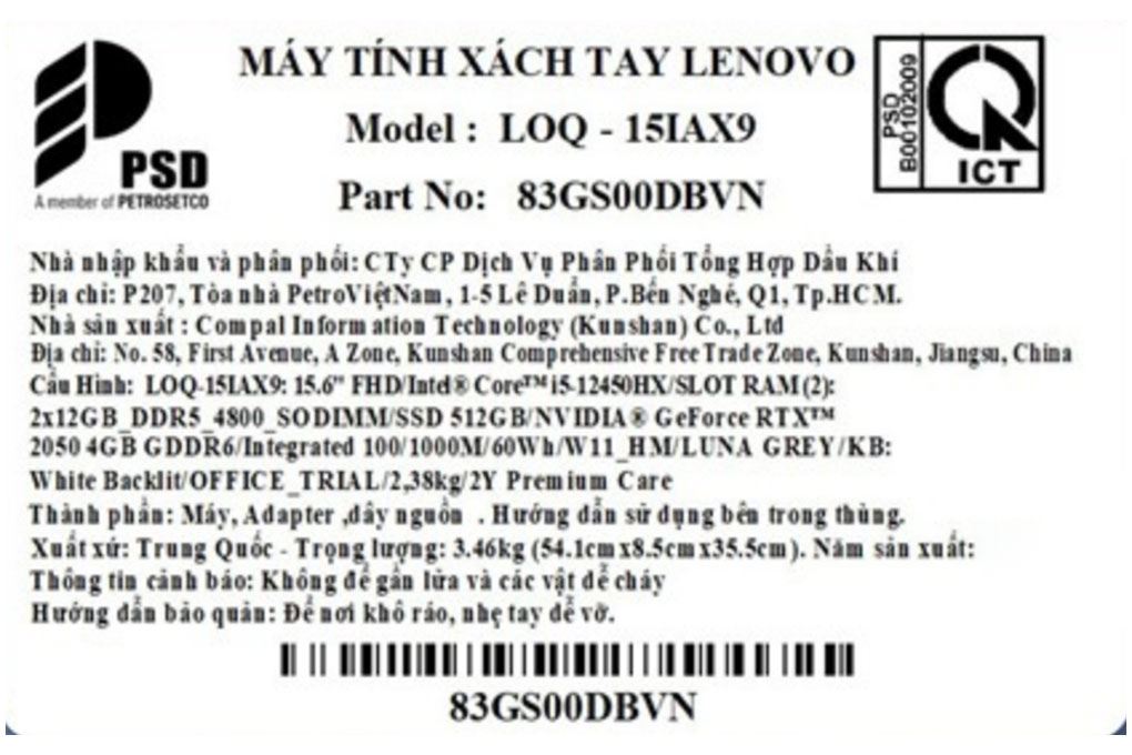 Laptop Lenovo Gaming LOQ 15IAX9 - 83GS00DBVN (i5 12450HX, 24GB, 512GB, RTX 2050 4GB, Full HD 144Hz, Win11) Màu Xám