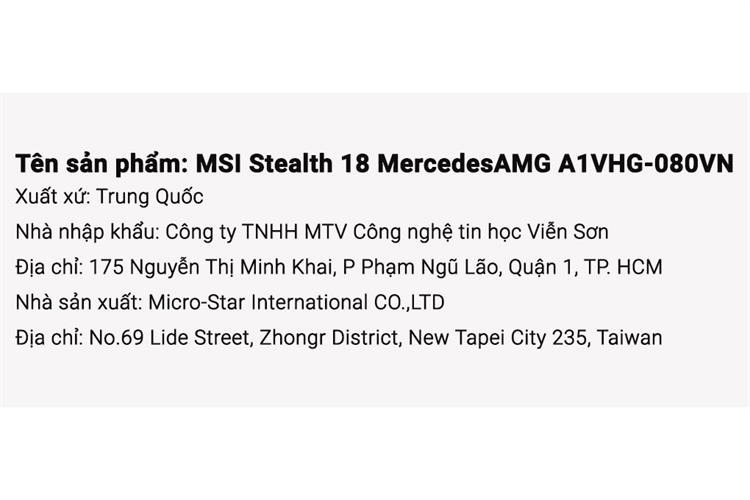 Laptop MSI Gaming Stealth 18 Mercedes AMG A1VHG Ultra 9 185H/64GB/2TB/12GB RTX4080/Win11 (080VN) Màu Đen