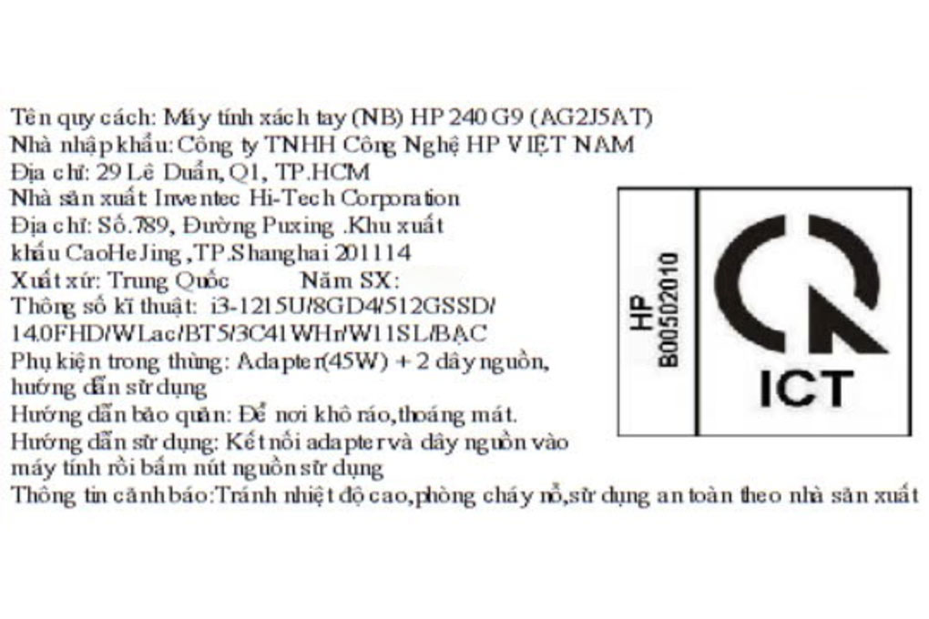Laptop HP 240 G9 - AG2J5AT (i3 1215U, 8GB, 512GB, Full HD, Win11) Màu Bạc