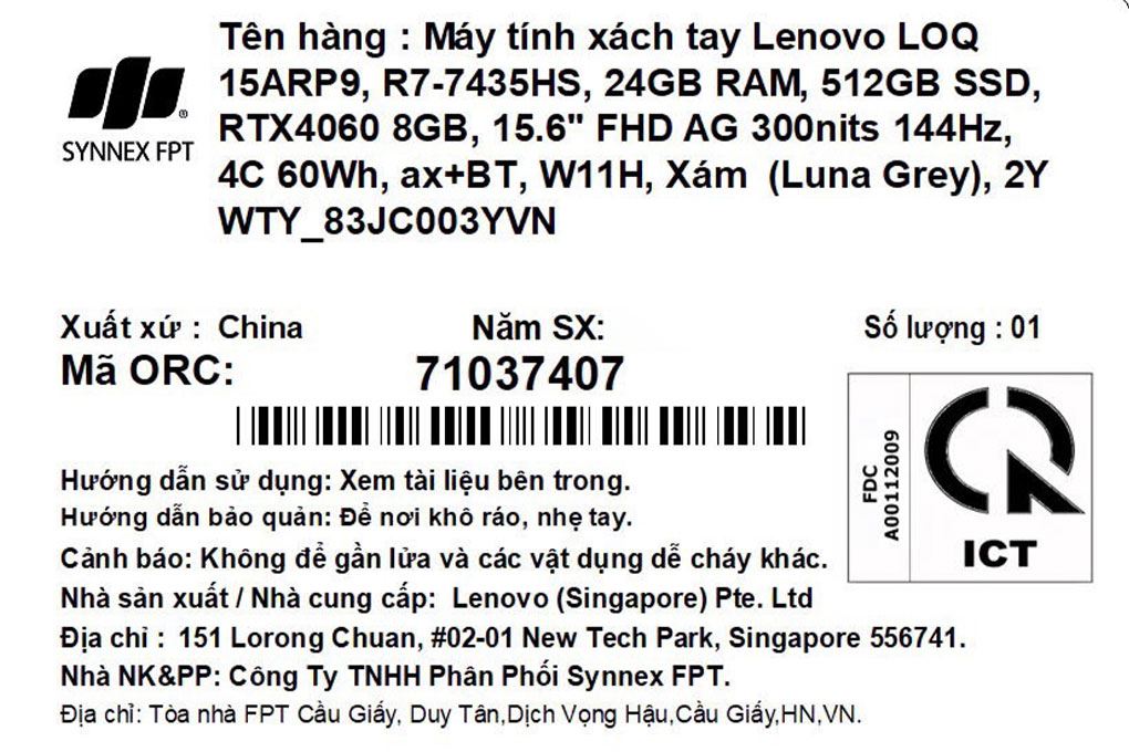 Laptop Lenovo Gaming LOQ 15ARP9 R7 7435HS/24GB/512GB/8GB RTX4060/144Hz/Win11 (83JC003YVN) Màu Xám