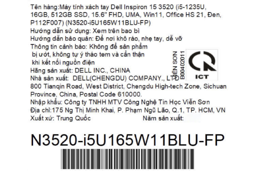 Laptop Dell Inspiron 15 3520 - N3520-i5U165W11BLU-FP (i5 1235U, 16GB, 512GB, Full HD 120Hz, OfficeHS, Win11) Màu Đen