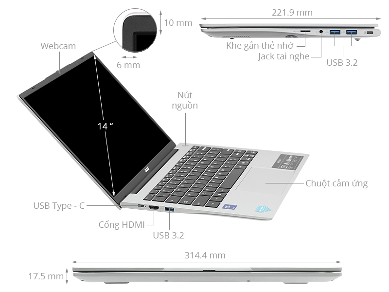 Acer Swift Lite 14 AI SFL14 51M 56HS - NX.J1HSV.002 (Ultra 5 125U, 16GB, 512GB, Full HD+, Win11)