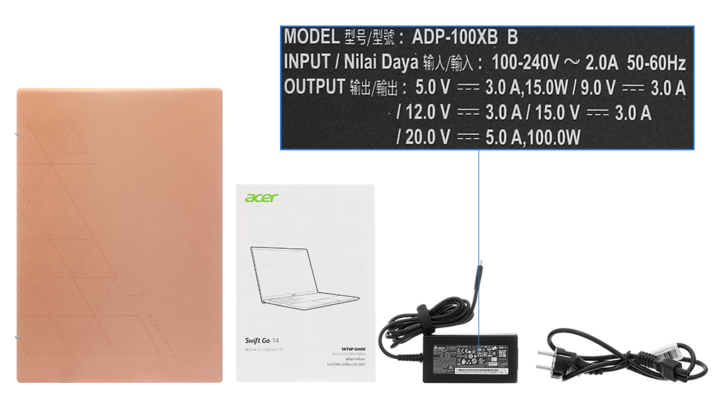 Bộ sản phẩm gồm: Sách hướng dẫn, Sạc Laptop Acer ( 100W (Type-C) ), Thùng máy