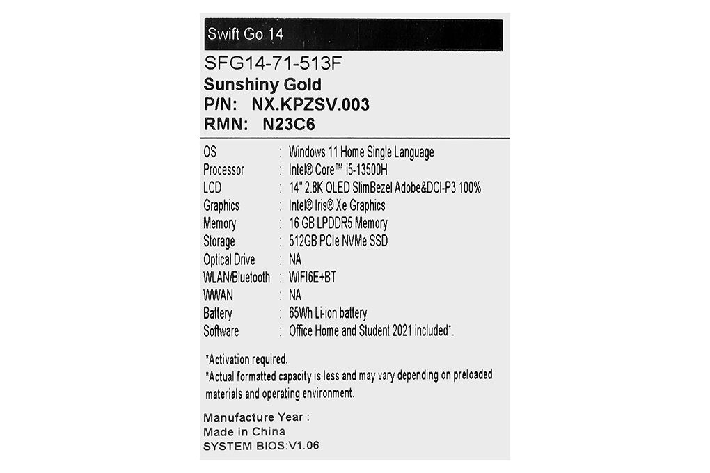 Laptop Acer Swift Go SFG14 71 513F i5 13500H/16GB/512GB/OfficeHS/Win11 (NX.KPZSV.003) Màu Vàng