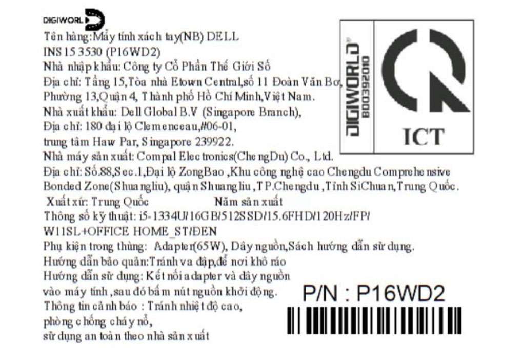 Laptop Dell Inspiron 15 3530 - P16WD2 (i5 1334U, 16GB, 512GB, Full HD 120Hz, OfficeHS, Win11) - 15