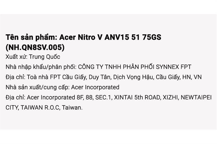 Laptop Acer Gaming Nitro V ANV15 51 75GS i7 13620H/16GB/512GB/6GB RTX4050/144Hz/Win11 (NH.QN8SV.005) Màu Đen
