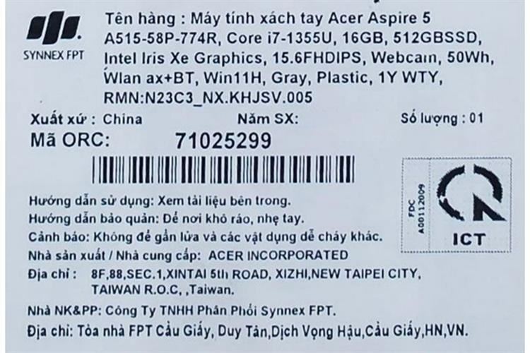 Laptop Acer Aspire 5 A515 58P 774R i7 1355U/16GB/512GB/Win11 (NX.KHJSV.005) Màu Xám
