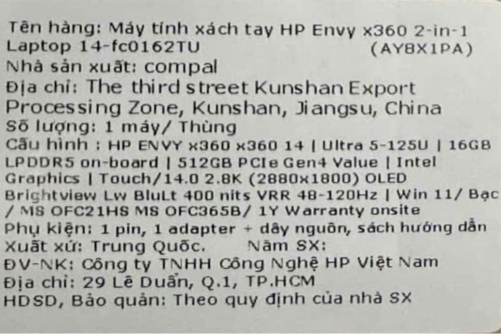 Laptop HP Envy x360 14 fc0162TU - AY8X1PA (Ultra 5 125U, 16GB, 512GB, 2.8K OLED, Cảm ứng, OfficeHS, Win11) Màu Bạc