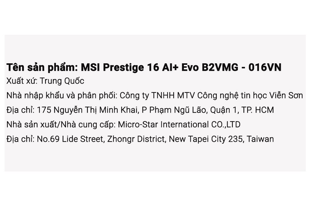 Laptop MSI Prestige 16 AI+ B2VMG - 016VN (Ultra 9 288V, 32GB, 1TB, 4K/UHD+ OLED, Win11) Màu Xám