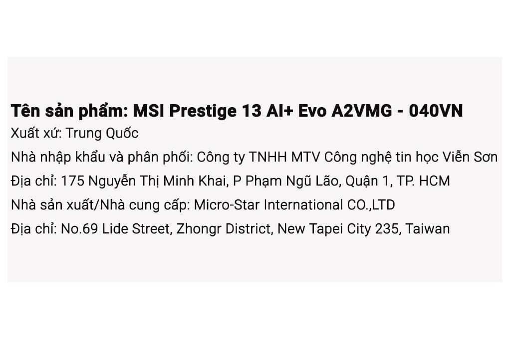 Laptop MSI Prestige 13 AI+ A2VMG - 040VN (Ultra 7 258V, 32GB, 1TB, 2.8K OLED, Win11) Màu Xám