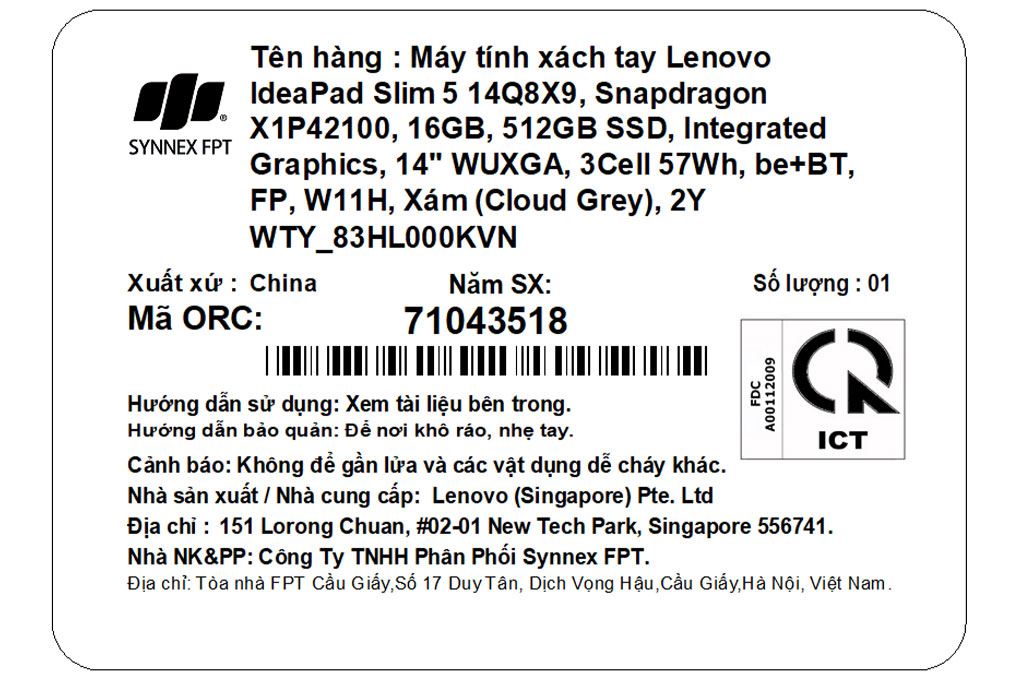 Laptop Lenovo IdeaPad Slim 5 14Q8X9 - 83HL000KVN (X1P 42 100, 16GB, 512GB, WUXGA OLED, Win11) Màu Xám