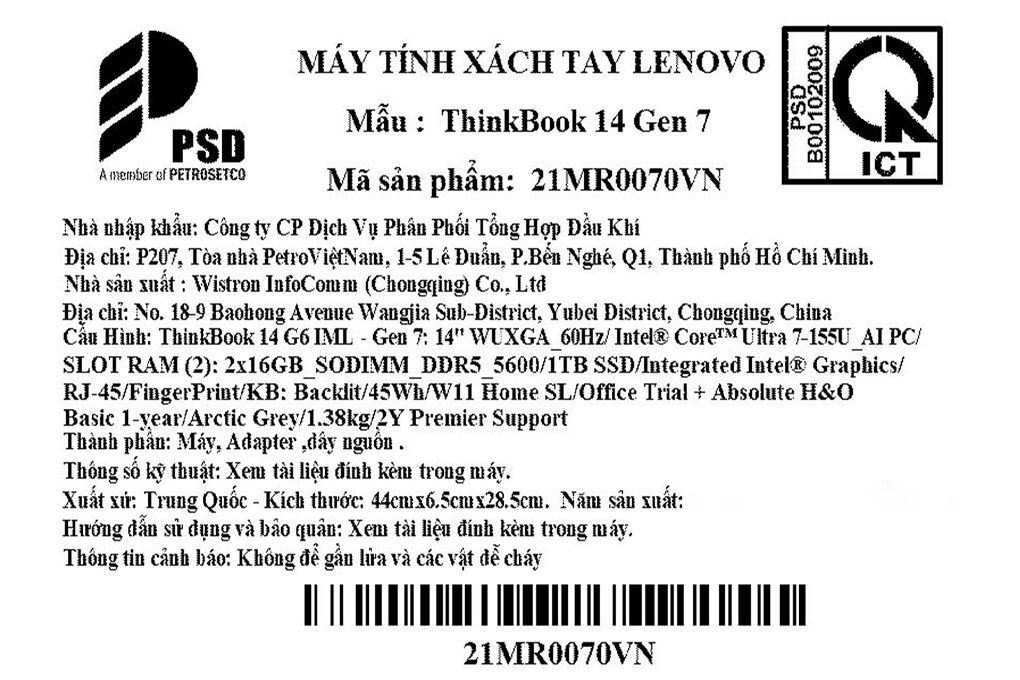 Laptop Lenovo ThinkBook 14 G7 - 21MR0070VN (Ultra 7 155U, 32GB, 1TB, WUXGA, Win11) Màu Xám