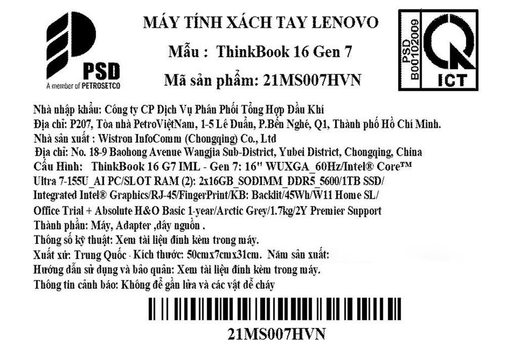 Laptop Lenovo ThinkBook 16 G7 - 21MS007HVN (Ultra 7 155U, 32GB, 1TB, WUXGA, Win11) - 9