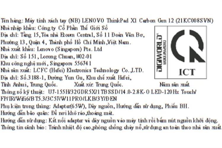 Laptop Lenovo ThinkPad X1 Carbon - 21KC008SVN (Ultra 7 155H, 32GB, 1TB, 2.8K OLED 120Hz, Cảm ứng, Win11 Pro) Màu Đen
