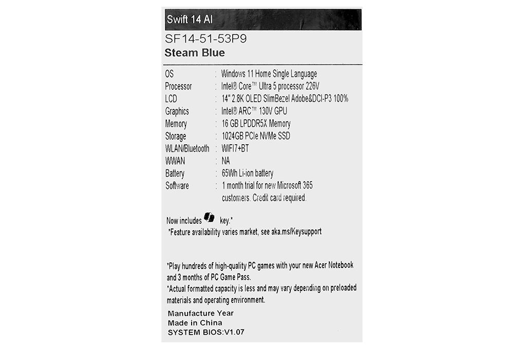Laptop Acer Swift AI SF14 51 53P9 - NX.J2KSV.002 (Ultra 5 226V, 16GB, 1TB, 2.8K OLED 90Hz, Win11) Màu Xanh